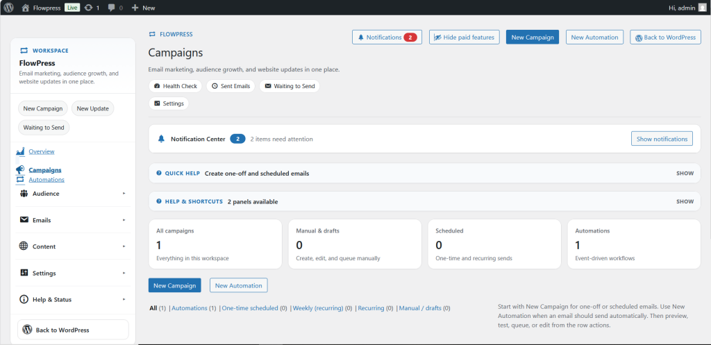 FlowPress screenshot: Campaigns-1