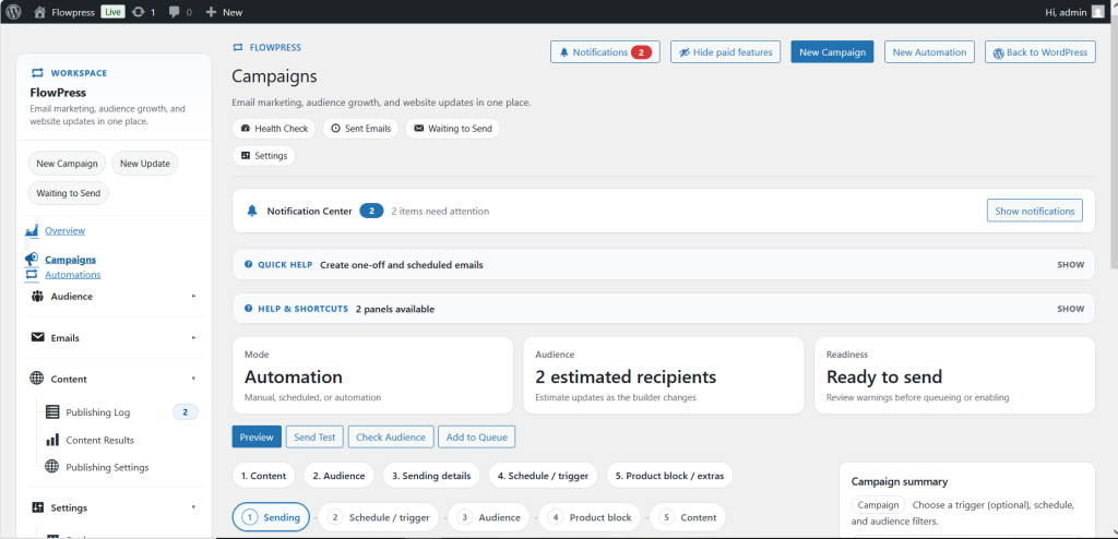 FlowPress screenshot: Campaigns-3