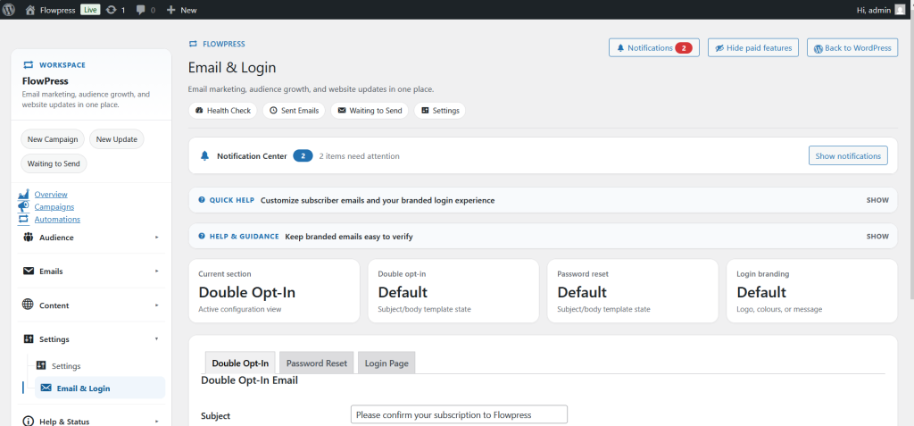 FlowPress screenshot: Email & Login-1