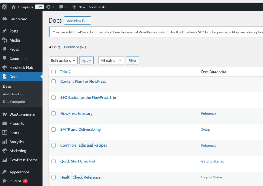 FlowPress screenshot: FlowPress-Docs-List