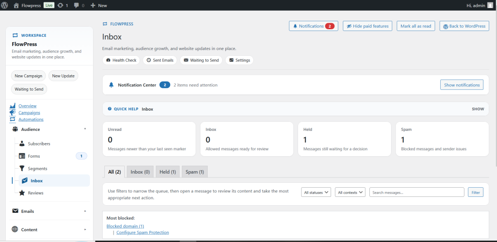 FlowPress screenshot: Inbox-1