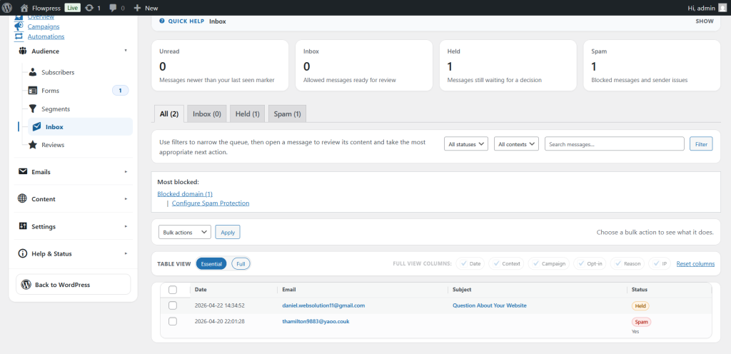 FlowPress screenshot: Inbox-2