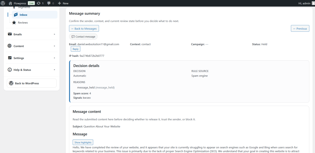 FlowPress screenshot: Inbox-3