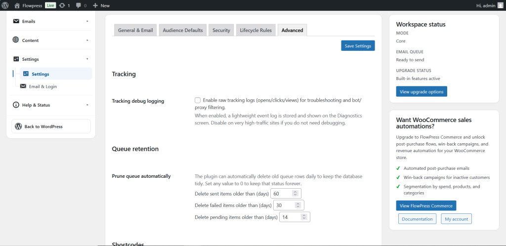 FlowPress screenshot: settings Advanced-1