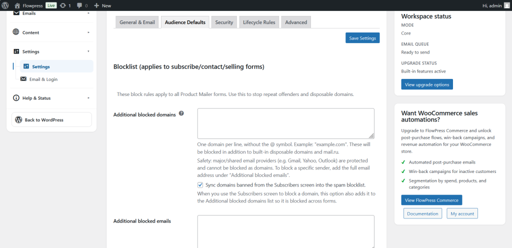 FlowPress screenshot: settings Audience Defaults-1