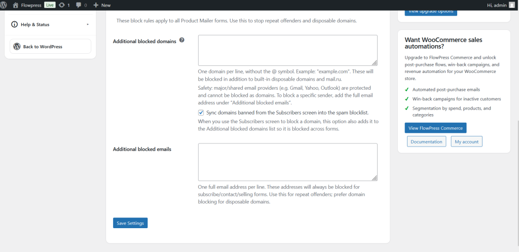 FlowPress screenshot: settings Audience Defaults-2