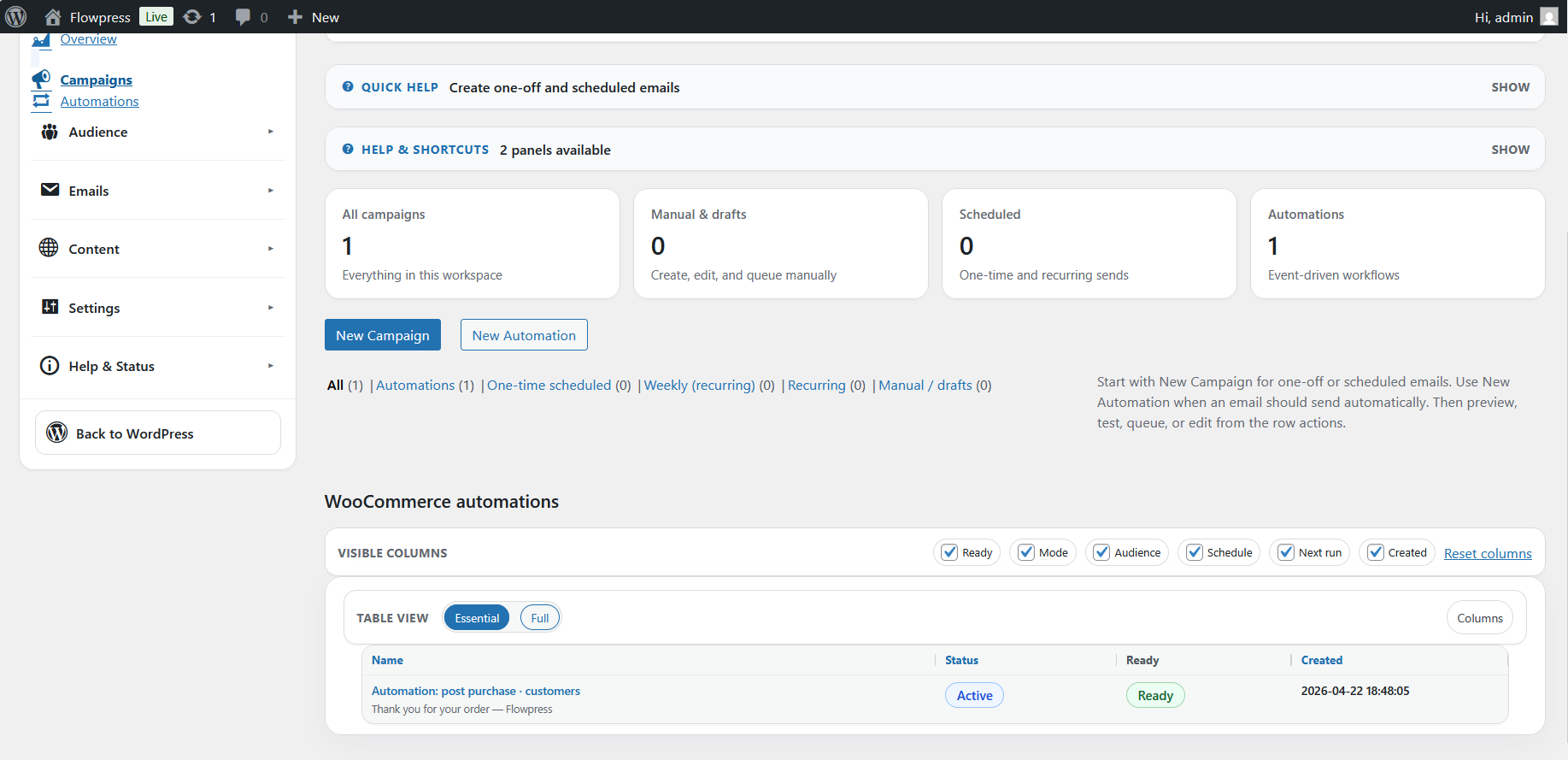 FlowPress screenshot: Campaigns-2