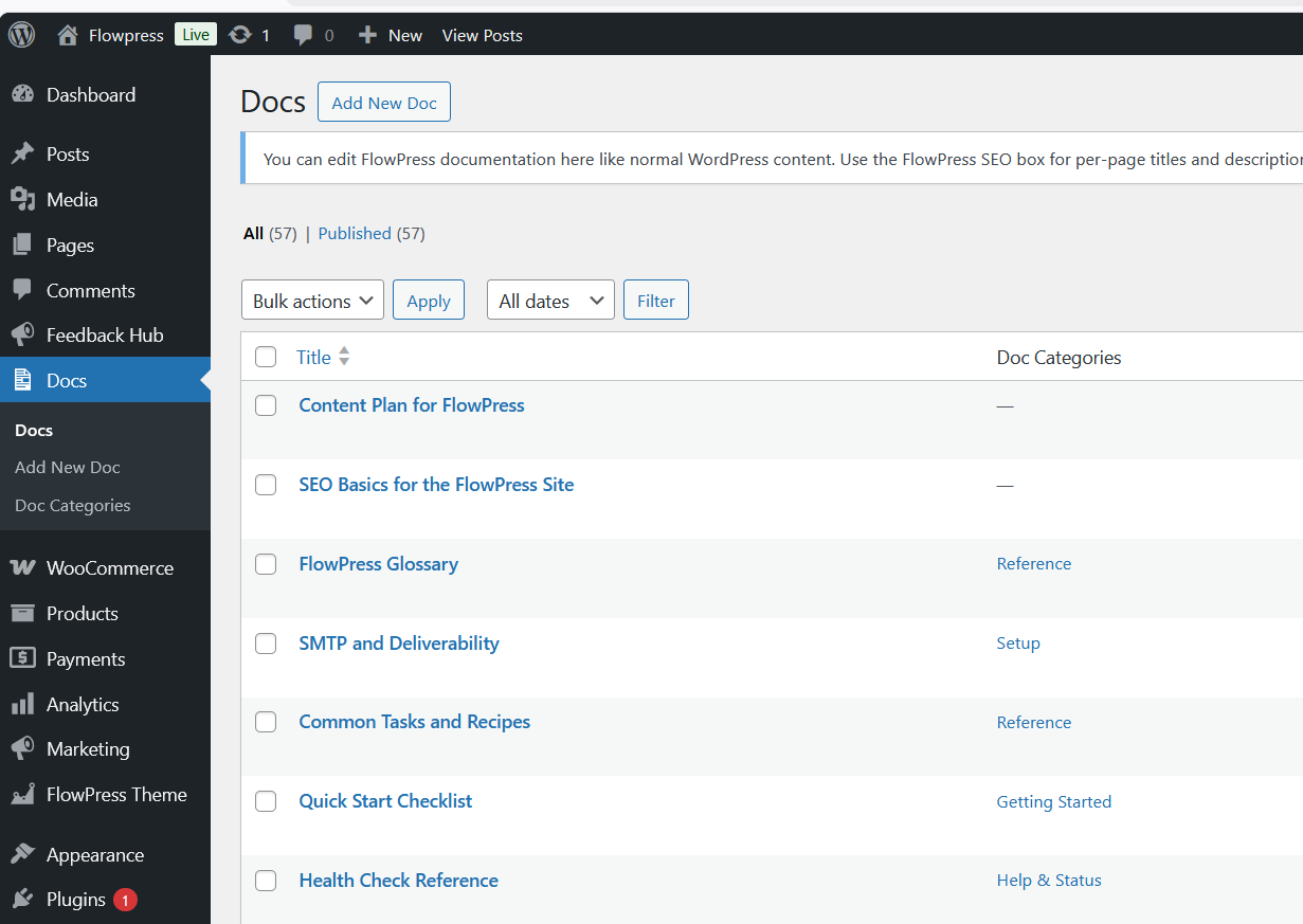 FlowPress screenshot: FlowPress-Docs-List