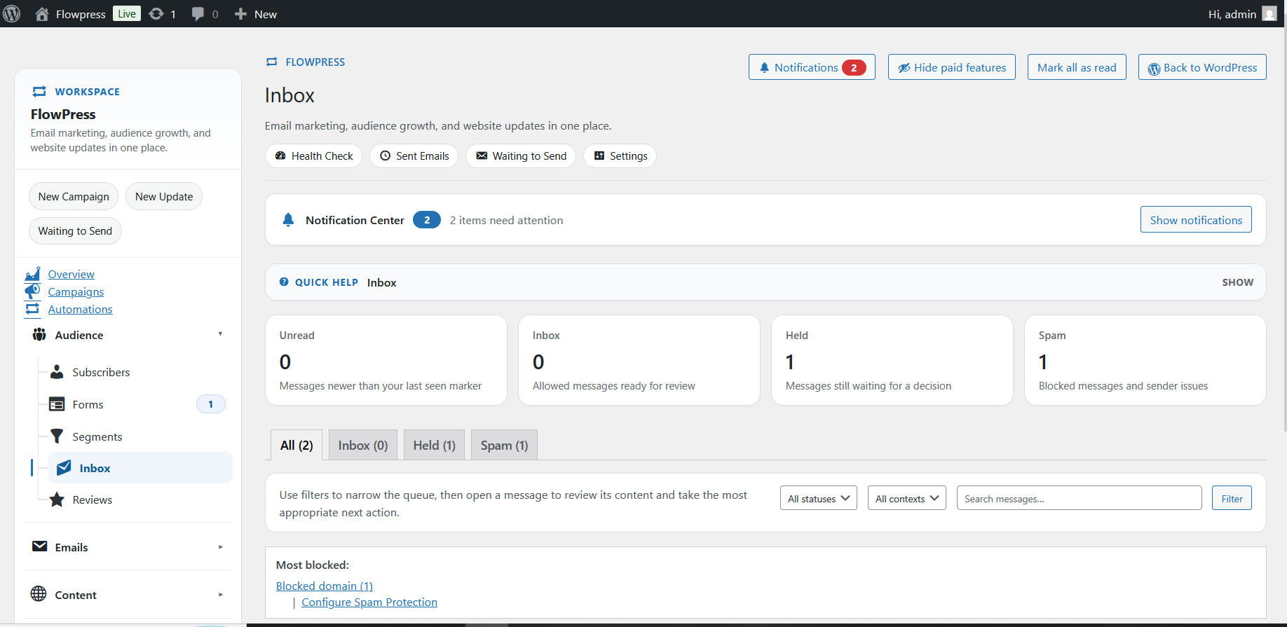 FlowPress screenshot: Inbox-1