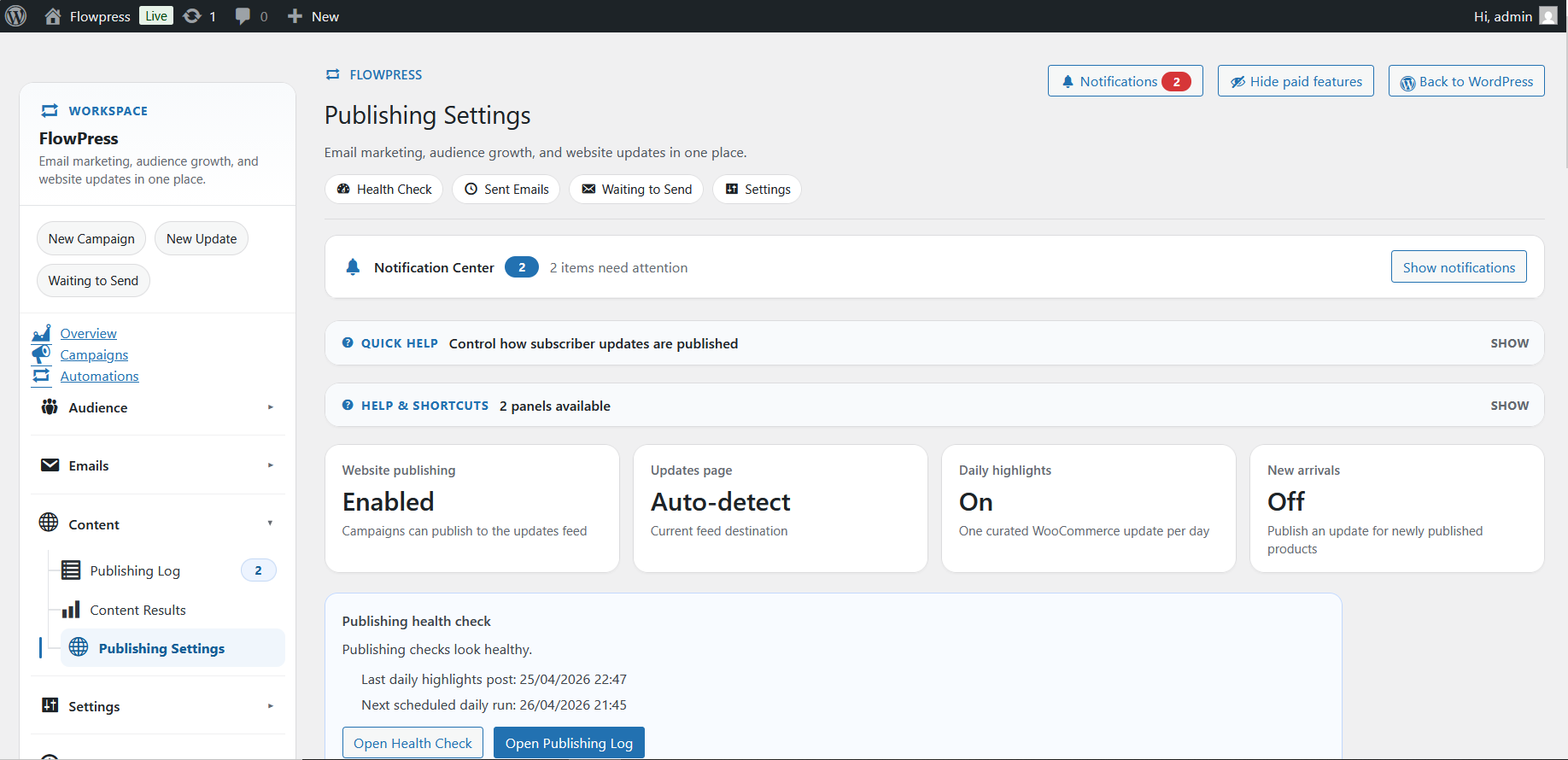 FlowPress screenshot: Publishing Stettings-1
