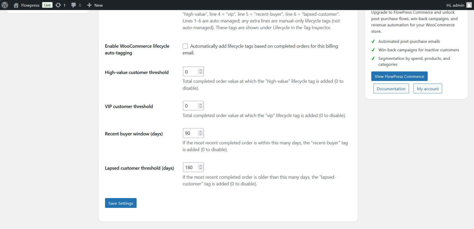 FlowPress screenshot: Settings Lifecycel Rules-2