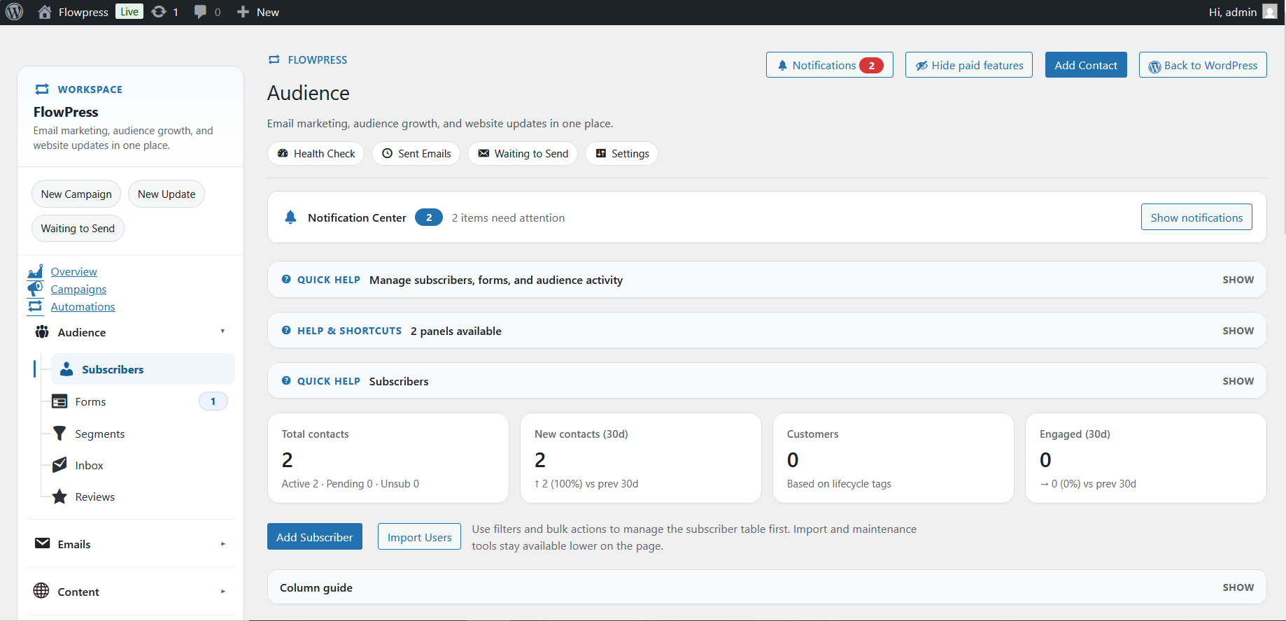 FlowPress screenshot: Subscribers-1